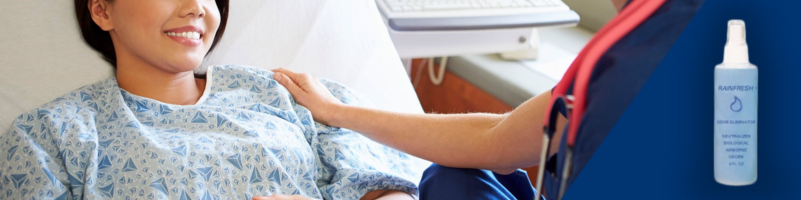 nurse checking on a patient in a hospital bed with rainfresh odor elimator spray